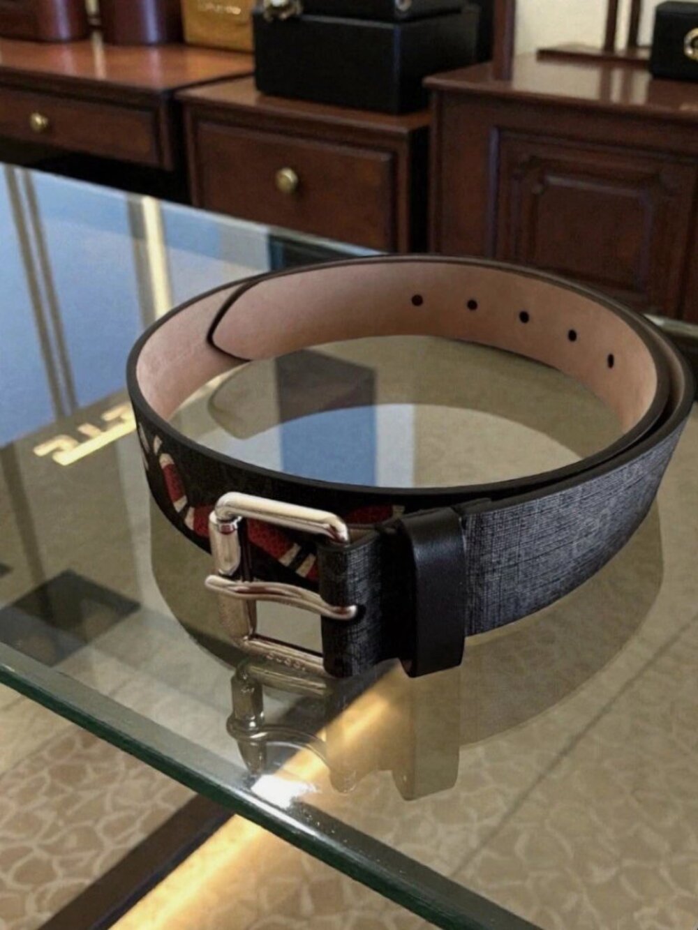 GUCCI GG Monogram Kingsnake Black Belt Supreme W/ Box & Dust Bag 36" Waist